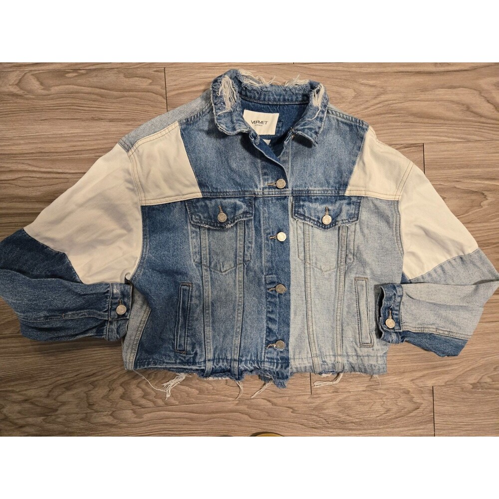 Vervet Los Angeles Women's M Oversized Crop Colorblock Denim Jacket Frayed Hem - Picture 4 of 6
